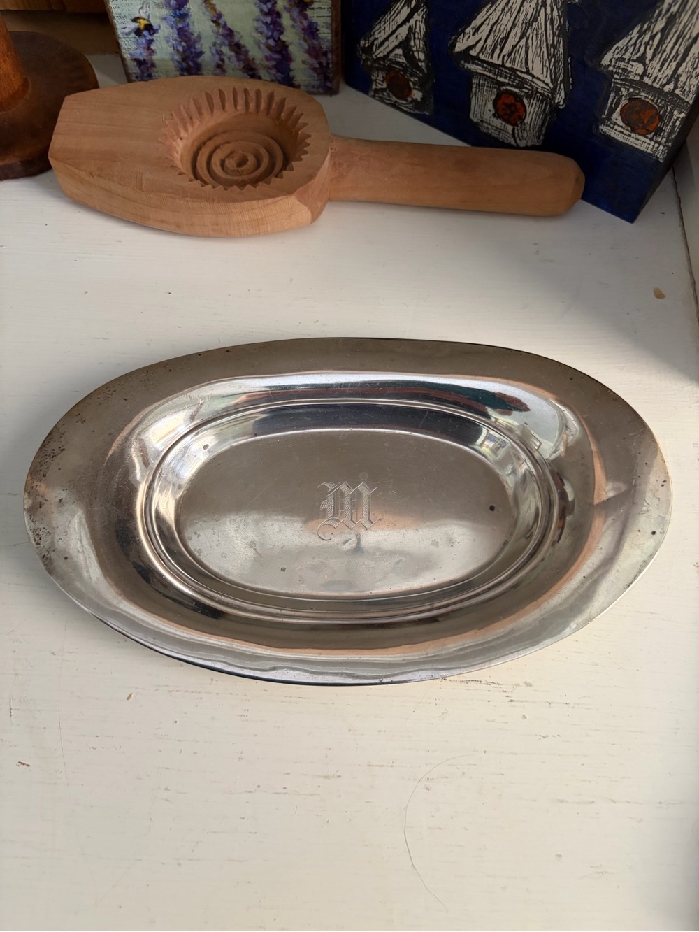 Ellis Bros Sterling Silver Oval Serving Dish - Classic M Monogram